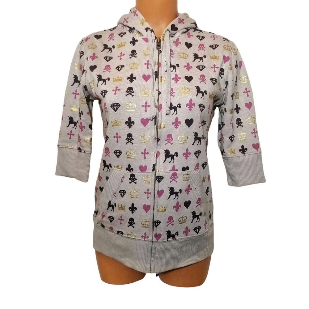 Gray/Pink/Gold Skull/Heart Zip-Up Hoodie Small